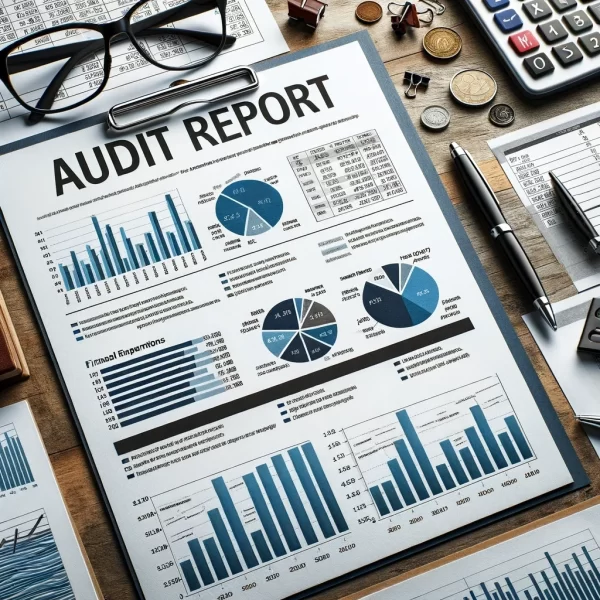 A-detailed-audit-report-document-on-a-desk-showing-financial-charts-graphs-and-tables.-The-report-has-a-professional-layout-but-no-section-titles